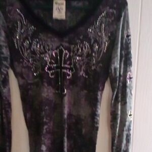 Vocal Purple Velvet Top with Rhinestone Cross Detail
